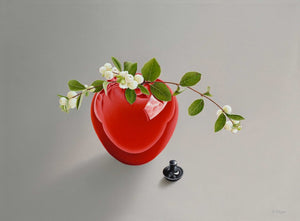 Red vase with snow berry branch (30 x 40cm) - ArtFusion.nl