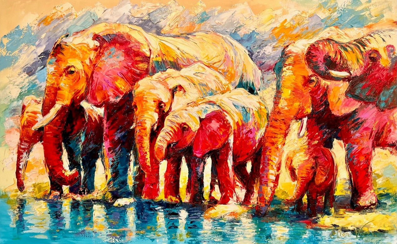 Drinking elephants in Madikwe (100 x 160cm) - ArtFusion.nl