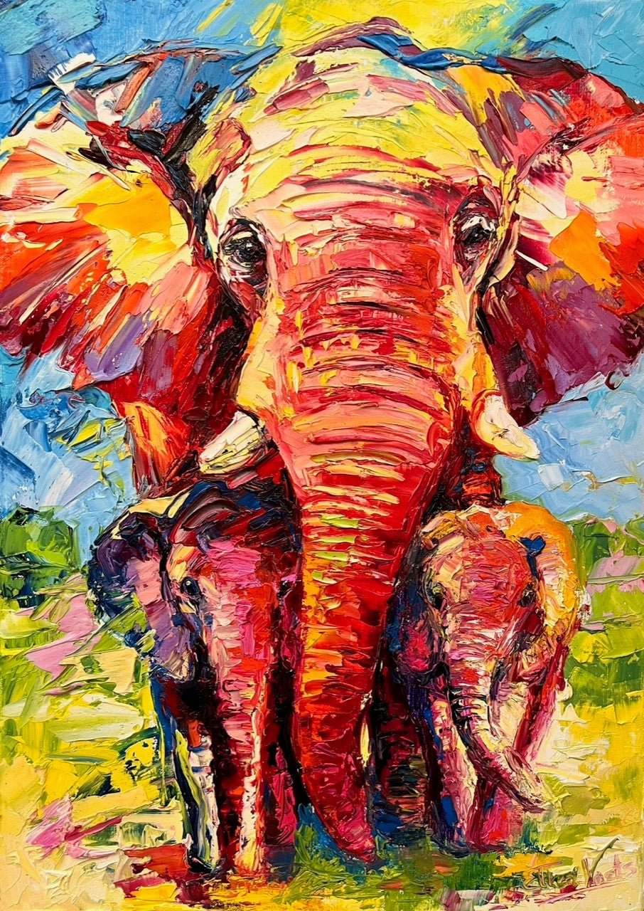 Elephant with two young ones (70 x 50cm) - ArtFusion.nl